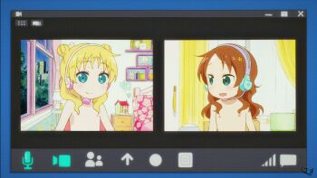 2girls bed bedroom blonde_hair blue_eyes brown_hair chair chloe_(maidragon) female_focus flat_chest green_eyes headphones highres indoors kobayashi-san_chi_no_maidragon loli long_hair medium_hair multiple_girls nipples nude nude_filter pillow saikawa_riko split_screen third-party_edit window