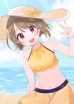 1girl beach bikini blue_sky bow bracelet brown_hair commentary_request hat highres jewelry looking_at_viewer love_live! love_live!_nijigasaki_high_school_idol_club medium_hair nakasu_kasumi navel open_mouth outdoors pearl_bracelet polka_dot polka_dot_bikini red_eyes skirt sky smile solo sun_hat sunlight swimsuit watanabe_nako water yellow_bikini yellow_bow