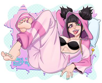 1girl aqua_nails barefoot black_bra black_hair bra breasts feet green_eyes han_juri heterochromia highres hood hooded_pajamas looking_at_viewer medium_breasts multicolored_hair nail_polish pajamas percodine pillow pink_eyes pink_pajamas pink_streaks soles solo streaked_hair street_fighter street_fighter_6 toenail_polish toenails tongue tongue_out underwear
