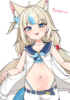 Rule 34 | 1girl, absurdres, animal ear fluff, animal ears, bikini, bikini under clothes, blonde hair, blue bikini, blue eyes, blue hair, blue sailor collar, cat ears, doroshe (sdpw8474), fins, fish girl, fish tail, flat chest, halterneck, highres, indie virtual youtuber, long hair, looking at viewer, low twintails, midriff, multicolored hair, navel, open mouth, sailor collar, sameko saba, shorts, solo, streaked hair, swimsuit, tail, twintails, very long hair, virtual youtuber, white shorts