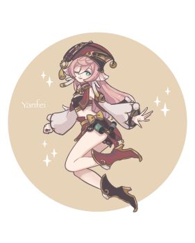 Rule 34 | 1girl, antlers, asymmetrical footwear, black bloomers, black boots, black bra, bloomers, boots, bow, bra, breasts, character name, crop top, detached sleeves, feet up, floating, genshin impact, green eyes, hair between eyes, highres, horns, long hair, long sleeves, looking at viewer, midriff, mismatched footwear, mozu (teluto), one eye closed, open mouth, pink hair, pom pom (clothes), red boots, red headwear, scales, sepia background, small breasts, smile, solo, sparkle, two-tone background, underwear, white background, white sleeves, yanfei (genshin impact), yellow bow