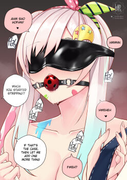 1girl airani_iofifteen airani_iofifteen_(1st_costume) artist_logo ball_gag ball_gag_progress_bar_(meme) blindfold blue_overalls blush collarbone commentary english_commentary english_text gag gradient_hair green_ribbon hair_bun hair_ribbon heart hololive hololive_indonesia landacdeus logo long_hair meme multicolored_hair multicolored_ribbon overalls paid_reward_available paint_splatter paint_splatter_on_face palette_hair_ornament pink_hair pink_ribbon polka_dot polka_dot_ribbon purple_eyes ribbon saliva speech_bubble striped_ribbon symbol_in_eye undressing upper_body virtual_youtuber