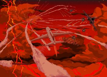 absurdres aerial_battle air-to-air_missile aircraft airplane awacs battle cloud cloudy_sky explosion fighter_jet firing highres lightning mig-29 mikecraftz military military_vehicle missile missile_trail no_humans pixel_art project_wingman radar_dish red_sky scenery sky storm_cloud vehicle_focus war