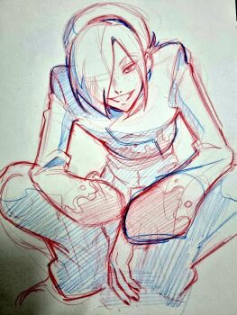 1boy androgynous arm_support ash_crimson belt belt_buckle black_hairband black_nails buckle colored_pencil_(medium) cropped_jacket drawing evil_grin evil_smile facing_viewer fingernails freckles full_body grin hair_bun hair_ornament hair_over_eyes hair_over_one_eye hairband half-closed_eyes highres jacket leaning_forward limited_palette lineart long_sleeves looking_at_viewer male_focus monochrome multicolored_jacket nail_polish narrow_waist naughty_face one_eye_covered pants parted_lips perspective photoshop_(medium) shoes short_hair sidelocks simple_background sitting sketch smile smirk solo spread_legs squatting teeth the_king_of_fighters traditional_media trap turtleneck turtleneck_jacket two-tone_jacket unfinished