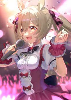 1girl :d absurdres animal_ears brown_hair center_frills commentary_request frills glowstick highres holding holding_microphone horse_ears horse_girl kirushi_(killcy) microphone music open_mouth shirt singing smart_falcon_(love_4ever)_(umamusume) smart_falcon_(umamusume) smile solo twintails umamusume white_shirt