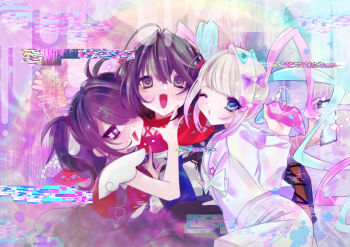 1boy 2girls :d abstract_background absurdres ame-chan_(needy_girl_overdose) black_hair blue_eyes bow chouzetsusaikawa_tenshi-chan controller dual_persona game_controller glitch hair_bow hair_over_one_eye heart heart-shaped_pupils hi_(hi41342085) highres holding holding_controller holding_game_controller holding_phone long_hair long_sleeves looking_at_viewer mashiro_meme mashiro_meme_(1st_costume) medium_hair multicolored_hair multiple_girls multiple_hair_bows needy_girl_overdose nijisanji one_eye_closed one_eye_covered open_mouth phone red_scarf sailor_collar scarf school_uniform serafuku shirt short_hair single_hair_intake skirt smile symbol-shaped_pupils twintails virtual_youtuber white_hair white_sailor_collar white_serafuku white_shirt white_skirt