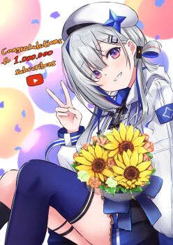 1girl amane_kanata amane_kanata_(work) balloon beret blue_hair blue_thighhighs blush bouquet colored_inner_hair commentary_request confetti congratulations flower gradient_eyes grey_hair grin hat highres holding holding_bouquet hololive jacket looking_at_viewer milestone_celebration multicolored_eyes multicolored_hair official_alternate_costume official_alternate_hairstyle pikao pink_eyes pink_hair purple_eyes single_thighhigh smile solo streaked_hair sunflower teeth thighhighs v virtual_youtuber white_hat white_jacket yellow_flower youtube_logo