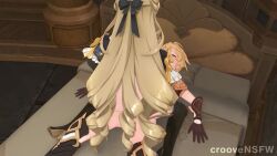 3d aether_(genshin_impact) animated black_gloves blonde_hair blue_eyes blush boots bouncing_breasts bow breasts clothed_male_nude_female collar cowgirl_position croove cum cum_in_pussy cumdrip drill_hair ejaculation female_pubic_hair femdom genshin_impact girl_on_top gloves jewelry long_glove long_hair navel navia_(genshin_impact) nipples nude penis pubic_hair pussy sex smile sound straddling sweat tagme thigh_boots uncensored vaginal video