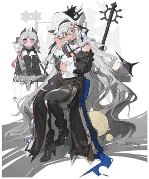 1girl absurdres arknights azhenhgu bare_shoulders bespectacled black_dress black_hat black_nails black_pantyhose book boots character_doll clothing_cutout commentary_request criss-cross_straps doll dress glasses grey_hair hair_between_eyes hat high_heel_boots high_heels highres holding holding_book irene_(arknights) long_hair long_sleeves looking_at_viewer pantyhose red_eyes shoulder_cutout shoulder_strap simple_background smile solo specter_(arknights) specter_the_unchained_(arknights) thighhighs thighhighs_over_pantyhose two-sided_fabric two-sided_headwear very_long_hair