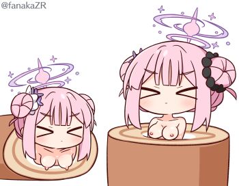 >_< 1girl blue_archive blush breasts cake closed_eyes closed_mouth collarbone double_bun empty_eyes flower food hair_bun hair_flower hair_ornament halo hana_kazari highres in_food medium_breasts mika_(blue_archive) mini_person minigirl multiple_views nipples nude pink_hair purple_flower revision sidelocks simple_background swiss_roll twitter_username v-shaped_eyebrows white_background