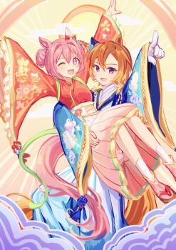 2girls absurdres animal_ears blue_jacket blush bow camellia_(camel_mal) camellia_print carrying carrying_person commentary_request ear_bow ear_covers ear_flower epaulettes floral_print flower flower-shaped_pupils flower_in_eye gloves hair_bun hakama haru_urara_(new_year_new_urara!)_(umamusume) haru_urara_(umamusume) highres horse_ears horse_girl horse_tail jacket japanese_clothes kimono kimono_skirt long_sleeves looking_at_viewer multiple_girls official_alternate_costume one_eye_closed open_mouth orange_hair orange_tail pink_eyes pink_hair pink_hakama purple_eyes red_kimono short_hair single_ear_cover skirt smile symbol-shaped_pupils symbol_in_eye t.m._opera_o_(new_year_same_radiance!)_(umamusume) t.m._opera_o_(umamusume) tail umamusume white_gloves white_hakama wide_sleeves