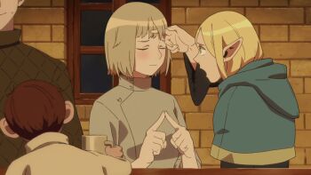 2boys 2girls animated animated_gif blonde_hair blue_capelet blush brick_wall brown_hair capelet chilchuck_tims closed_eyes commentary darya_chi dungeon_meshi elf english_commentary falin_touden falin_touden_(tallman) green_eyes half-closed_eyes hand_on_another&#039;s_cheek hand_on_another&#039;s_face hands_up hug indoors kiss laios_touden looking_at_another marcille_donato multiple_boys multiple_girls muntins own_fingers_together pointy_ears tunic upper_body white_tunic window yuri