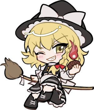 1girl apron black_hat black_shoes black_skirt black_vest blonde_hair blush bow braid broom broom_riding buttons chibi chibi_only double-breasted frilled_apron frilled_skirt frills full_body grin hair_bow hat hat_bow holding kirisame_marisa long_hair looking_at_viewer mini-hakkero mirei_(miirei) one_eye_closed red_bow shirt shoes short_sleeves simple_background single_braid sitting skirt skirt_set smile socks solo touhou transparent_background v-shaped_eyebrows vest waist_apron white_apron white_bow white_shirt white_socks witch_hat yellow_eyes