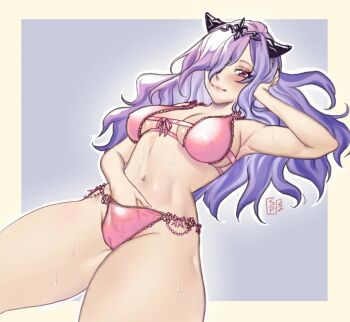 1girl armpits bow bow_panties bra breasts cameltoe camilla_(fire_emblem) cleavage female_masturbation fire_emblem fire_emblem_fates hair_over_one_eye large_breasts lingerie long_hair looking_at_viewer lying masturbation midriff navel nintendo on_back one_eye_covered panties purple_eyes purple_hair resting_head_on_hand simple_background skindentation snazzypumpkin solo sweat tiara toned toned_female underwear wavy_hair