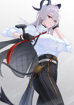 1girl arm_pouch black_choker black_eyes black_gloves black_horns black_jacket breasts button_gap chest_harness choker closed_mouth collared_shirt commentary cowboy_shot curled_horns earrings gloves hand_up harness highres horns jacket jacket_on_shoulders jewelry key_earrings large_breasts looking_at_viewer mole mole_under_eye multicolored_eyes paid_reward_available pants pouch red_eyes shirt shirt_tucked_in shu-ri solo tight_clothes tight_pants two-tone_eyes white_shirt wuthering_waves zani_(wuthering_waves)