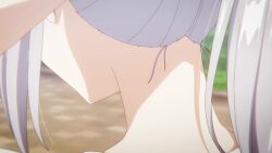 1girl alisa_mikhailovna_kujou animated anime_screenshot armpits blue_bra blue_eyes bra breasts collarbone highres large_breasts long_hair neck ponytail shirt sidelocks sound sports_bra sportswear tagme tokidoki_bosotto_roshia-go_de_dereru_tonari_no_alya-san tying_hair underwear video white_hair white_shirt