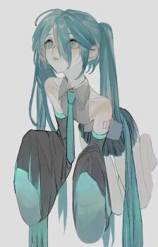 1girl aqua_eyes aqua_hair aqua_necktie barefoot black_skirt black_sleeves closed_mouth collared_shirt detached_sleeves floating full_body grey_shirt hatsune_miku highres long_hair long_sleeves miniskirt necktie number_tattoo opood pleated_skirt shirt shoulder_tattoo simple_background skirt sleeveless sleeveless_shirt solo tattoo twintails very_long_hair vocaloid white_background wide_sleeves