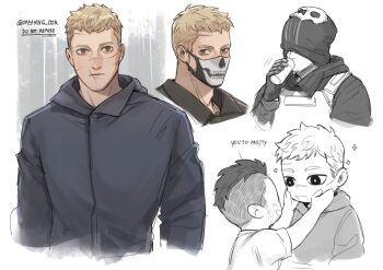 2boys black_jacket blonde_hair brown_eyes bulletproof_vest call_of_duty call_of_duty:_modern_warfare_2 can closed_mouth dreaming_oor drinking english_text facial_scar ghost_(modern_warfare_2) hand_on_another&#039;s_face highres holding holding_can jacket looking_at_another male_focus mask mask_lift mouth_mask multiple_boys partially_colored scar scar_on_cheek scar_on_face scar_on_mouth scar_on_nose shirt short_hair skull_mask soap_(modern_warfare_2) twitter_username yaoi