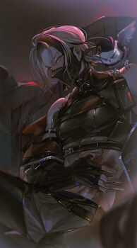 1boy animal animal_on_shoulder bird bird_on_shoulder black_gloves black_mask black_shirt bleeding blood blood_on_chest cropped_shirt fingerless_gloves gloves green_eyes grey_hair hair_between_eyes half_updo highres injury jacket jacket_partially_removed mask medium_hair mouth_mask multicolored_hair nu_carnival parted_bangs rei_(nu_carnival) shirt sleeveless sleeveless_shirt streaked_hair turtleneck yurichen111