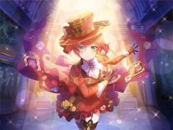 Rule 34 | 1girl, arsene lupin, arsene lupin (cosplay), black gloves, bow, brown thighhighs, closed mouth, cosplay, game cg, garter straps, gloves, green eyes, hat, jacket, jewelry, long sleeves, looking at viewer, monocle, official art, orange hair, puffy long sleeves, puffy sleeves, red hat, red jacket, ring, shoujo kageki revue starlight, shoujo kageki revue starlight -re live-, smile, solo, standing, thighhighs, umibe minku, upper body, white bow