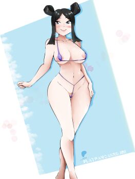 1girl absurdres bikini black_hair breasts cleavage embarrassed fairy_tail flatpancakesjim highres large_breasts micro_bikini minerva_orlando patreon_username pubic_hair simple_background string_bikini swimsuit