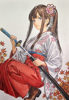1girl autumn_leaves blueberry_(zzcp5742) boots brown_hair closed_mouth commentary commentary_request flower from_below hair_flower hair_ornament hakama hakama_skirt highres holding holding_sword holding_weapon japanese_clothes kanzashi katana lace-up_boots leaf long_sidelocks looking_at_viewer meiji_schoolgirl_uniform original ponytail purple_eyes red_hakama sheath sidelocks skirt solo squatting sword traditional_media tsumami_kanzashi unsheathing weapon white_background