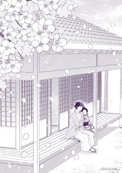 1boy 1girl architecture cherry_blossoms closed_eyes collared_shirt commentary_request couple east_asian_architecture falling_petals floral_print floral_print_kimono full_body greyscale gysn_hihihi3 hair_between_eyes hakama hetero highres japanese_clothes kimetsu_no_yaiba kimono kochou_shinobu leaning_on_person monochrome parted_bangs petals print_kimono sandals shirt short_hair tabi tomioka_giyuu twitter_username white_shirt