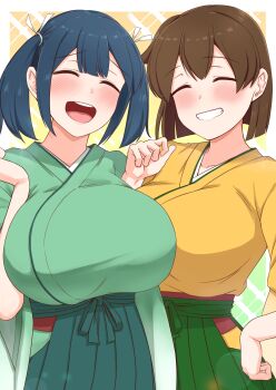 2girls absurdres blue_hair blush breast_press breasts brown_hair closed_eyes commentary_request green_hakama green_kimono hair_ribbon hakama hakama_skirt happy highres hiryuu_(kancolle) huge_breasts japanese_clothes kantai_collection kimono large_breasts long_hair multiple_girls muneate one_side_up open_mouth ribbon short_hair side_ponytail skirt smile souryuu_(kancolle) twintails watashitachino_kareshi white_ribbon yellow_kimono