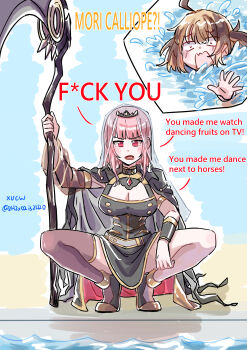 2girls absurdres ahoge asphyxiation black_dress blush breasts brown_hair cape cleavage detached_sleeves dress drowning english_text gigi_murin highres holding holding_scythe hololive hololive_english long_hair looking_at_viewer mori_calliope mori_calliope_(1st_costume) multicolored_hair multiple_girls open_mouth pink_eyes pink_hair red_eyes scythe see-through_clothes spikes squatting tiara twintails two-tone_hair veil virtual_youtuber water xu_chin-wen