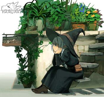 1girl artist_logo artist_name black_dress black_hat brown_shoes commentary_request dress elbow_rest expressionless from_side full_body hand_rest hands_on_own_cheeks hands_on_own_face hands_up haruaki_(onkai_planaria) hat logo long_dress long_sleeves original plant potted_plant profile shoes sitting sitting_on_stairs solo stairs white_background witch witch_hat