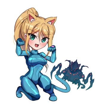 Rule 34 | alien, animal ears, blonde hair, blue bodysuit, bodysuit, cat ears, cat tail, chibi, commentary request, fang, high ponytail, kemonomimi mode, kneeling, long hair, metroid, metroid (creature), metroid prime (creature), metroid prime 1, nintendo, open mouth, paw pose, ponytail, red eyes, samus aran, simple background, smile, tail, wakaba (wata ridley), white background, zero suit