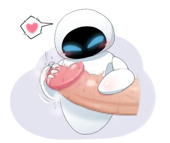 1boy 1girl blue_eyes blush censored disembodied_penis distortion eve_(wall-e) femdom glansjob glowing glowing_eyes handjob heart hetero large_penis mosaic_censoring non-humanoid_robot penis pointless_censoring rayman_limbs robophilia robot robot_girl science_fiction screen simple_background size_difference speech_bubble spoken_heart spoken_symbol three_(ter) wall-e white_background