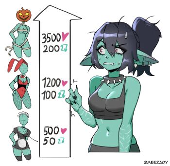 1girl apron bare_arms black_collar black_dress black_hair black_shirt breasts cleavage collar collarbone colored_skin commentary crop_top cropped_legs dress english_commentary fishnet_pantyhose fishnets goblin green_skin highres large_breasts leotard maid maid_headdress mummy_costume navel original pantyhose playboy_bunny ponytail pumpkin red_leotard roxxxan shirt short_dress simple_background spiked_collar spikes stomach sweat waist_apron