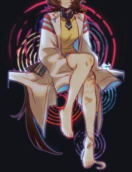 1girl absurdres agnes_tachyon_(tach-nology)_(umamusume) agnes_tachyon_(umamusume) bandaged_leg bandages bandaid bandaid_on_leg brown_hair calamity_brezze closed_mouth coat eyes_out_of_frame head_out_of_frame highres horse_girl horse_tail injury lab_coat long_sleeves medium_hair necktie scratches shirt short_necktie sleeves_past_fingers sleeves_past_wrists smile solo sweater sweater_vest tail test_tube umamusume white_coat yellow_sweater yellow_sweater_vest