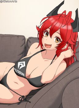 absurdres antenna_hair bikini black_bikini breasts brushing_hair commentary couch english_commentary fang goddess_of_victory:_nikke highres horns kilatonart large_breasts long_hair looking_at_viewer lying navel on_couch on_side open_mouth pilgrim_symbol_(nikke) red_hair red_hood_(nikke) sidelocks skin_fang swimsuit yellow_eyes