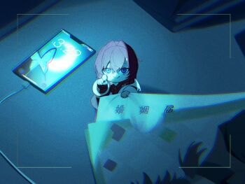 Rule 34 | 1girl, ange katrina, ange katrina (1st costume), blue eyes, cellphone, charging device, chibi, chibi only, chromatic aberration, closed mouth, coat, commentary request, crossed bangs, dim lighting, hair between eyes, hair intakes, long sleeves, looking at viewer, mini person, minigirl, night, nijisanji, paper, phone, pointing, pointing at viewer, red hair, smartphone, smile, solo, standing, translation request, usa ginkou, viewfinder, virtual youtuber