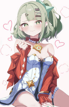 1girl absurdres areola_slip astra_yao astra_yao_(cosplay) bare_shoulders between_legs breasts breasts_apart commentary_request cosplay dress earrings green_eyes green_hair green_nails hair_ornament hand_between_legs hand_up heart highres jacket jewelry looking_at_viewer necklace partial_commentary red_jacket simple_background solo sunna_(zenless_zone_zero) sweat thigh_strap white_background white_dress yoshimura_pmc38 zenless_zone_zero