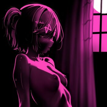 1girl arm_support bob_cut breasts commentary completely_nude curtains dark doki_doki_literature_club english_commentary eyelashes full_moon hair_between_eyes hair_ornament half-closed_eyes heart heart-shaped_pupils high_contrast implied_cunnilingus implied_sex jason_viera leaning_back loose_hair_strand monochrome moon natsuki_(doki_doki_literature_club) nipples nude open_mouth pink_light pink_theme saliva shiny_skin short_hair small_breasts solo sweat swept_bangs symbol-shaped_pupils teeth two_side_up upper_body upper_teeth_only window x_hair_ornament