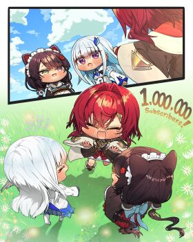 Rule 34 | 3girls, :d, ange katrina, animal ears, black coat, blush, boots, brown boots, brown hair, chibi, chibi only, closed eyes, coat, commentary request, crossed bangs, dog ears, dog girl, double-parted bangs, flower, grass, hair between eyes, harumina mau, highres, inui toko, lize helesta, long hair, long sleeves, milestone celebration, multiple girls, nijisanji, open clothes, open coat, open mouth, outstretched arms, pink eyes, red hair, red sweater, short hair, smile, standing, standing on one leg, sweater, tears, virtual youtuber, wide sleeves