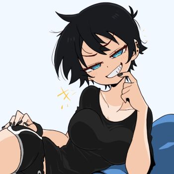 1girl ass black_hair black_nails black_shorts blue_eyes breasts grin highres huge_ass large_breasts original panties self-upload shirt short_hair short_shorts shorts sitting smile solo thick_thighs thighs tsuicaa underwear