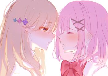 2girls amaori_renako ashigaya_high_school_uniform bow bowtie brown_eyes brown_hair closed_eyes collared_shirt commentary highres light_particles long_hair medium_hair multiple_girls pink_hair red_bow red_bowtie rikako0229 school_uniform sena_ajisai shirt watashi_ga_koibito_ni_nareru_wake_naijan_murimuri! white_shirt yuri