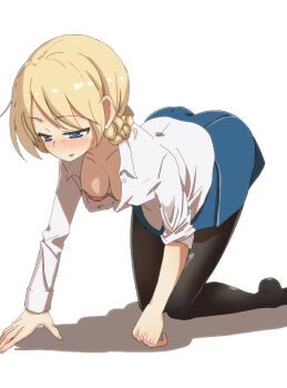 1girl ass black_pantyhose blonde_hair blue_eyes blush bra braid breasts cleavage darjeeling_(girls_und_panzer) downblouse girls_und_panzer jinguu_(4839ms) medium_breasts open_mouth pantyhose pink_bra school_uniform smile solo st._gloriana&#039;s_school_uniform underwear
