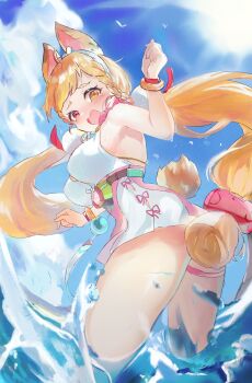 1girl alice_thymefield alice_thymefield_(sea_of_thyme) animal_ears ass bird blonde_hair blue_sky blush bracelet breasts hair_ornament hetero highres jewelry kurokoshou_(siakabe) large_breasts legband light_rays long_hair looking_at_viewer looking_back outdoors rabbit_ears rabbit_tail sky sphere_hair_ornament summer sunbeam sunlight surprised swimsuit tail tears very_long_hair zenless_zone_zero