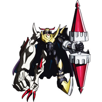 Rule 34 | bagramon, cape, claws, darkknightmon, darkknightmon (bagramon), digimon, digimon (creature), fusion, horns, lance, polearm, solo, spikes, weapon