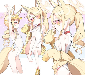 1girl absurdres animal_ear_fluff animal_ears armpits arms_up bare_shoulders blonde_hair blue_archive blush breasts choker closed_mouth cotama covered_navel cross_halo diamond_cutout dot_nose extra_ears eyes_visible_through_hair feet fox_ears fox_girl fox_tail from_side gradient_eyes hair_over_one_eye half-closed_eyes halo hand_up highleg highleg_one-piece_swimsuit highres jacket knees_up loli long_hair long_sleeves looking_at_viewer multicolored_eyes multiple_views off_shoulder one-piece_swimsuit parted_lips red_choker sandals seia_(blue_archive) seia_(swimsuit)_(blue_archive) side_ponytail sideboob sitting small_breasts standing stretching sunglasses swimsuit tail thighs tilted_head toes very_long_hair visor_cap white_one-piece_swimsuit yellow_halo yellow_jacket yellow_sandals yellow_visor