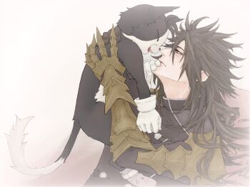 1boy animal black_hair black_jacket cait_sith_(final_fantasy) cat clawed_gauntlets commentary_request final_fantasy final_fantasy_vii final_fantasy_vii_rebirth final_fantasy_vii_remake from_side gauntlets gloves highres holding holding_animal jacket long_hair looking_at_another male_focus messy_hair msa_mne profile red_eyes single_gauntlet single_glove spiked_hair upper_body vincent_valentine white_gloves