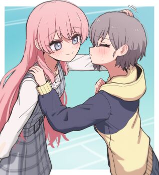 Rule 34 | 2girls, absurdres, bang dream!, bang dream! it's mygo!!!!!, belt, chihaya anon, closed eyes, closed mouth, commentary, dress, grey dress, grey eyes, grey hair, headpat, highres, hood, hood down, hoodie, jewelry, jin (jinkwon1147), long hair, long sleeves, multiple girls, necklace, open mouth, pinafore dress, pink hair, plaid belt, plaid clothes, plaid dress, shirt, short hair, sleeveless, sleeveless dress, sweatdrop, takamatsu tomori, white shirt, yuri