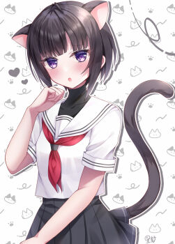 1girl :o animal_ears animal_print black_hair black_skirt blunt_bangs blush cat_ears cat_girl cat_print cat_tail heart highres idolmaster idolmaster_cinderella_girls kemonomimi_mode looking_at_viewer neckerchief paw_print purple_eyes red_neckerchief sakura_umi school_uniform serafuku shirayuki_chiyo shirt short_hair short_sleeves skirt solo summer_uniform tail tail_under_clothes undershirt white_shirt