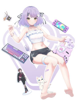 1girl absurdres bandaid bandaid_on_leg bare_shoulders barefoot black_choker black_ribbon black_shorts blush cat choker closed_mouth commentary_request computer_keyboard controller full_body game_controller ghost_hair_ornament hachimitsu_shitate hair_ribbon hair_tie highres looking_at_viewer navel purple_hair ribbon shinomiya_runa shorts solo spaghetti_strap stuffed_animal stuffed_toy thigh_strap virtual_youtuber vspo! yellow_eyes