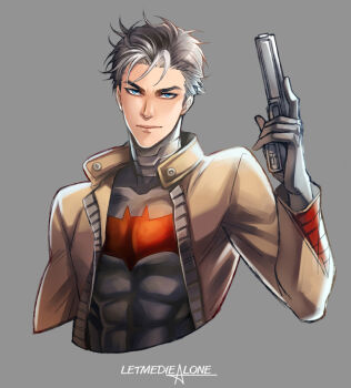 1boy bat_signal batman_(series) batman_symbol black_bodysuit black_gloves black_hair blue_eyes bodysuit brown_jacket dc_comics gloves grey_bodysuit jacket jason_todd male_focus multicolored_bodysuit muscular muscular_male red_hood_(dc) red_hood_and_the_outlaws se-lene short_hair superhero_costume taut_bodysuit two-tone_bodysuit